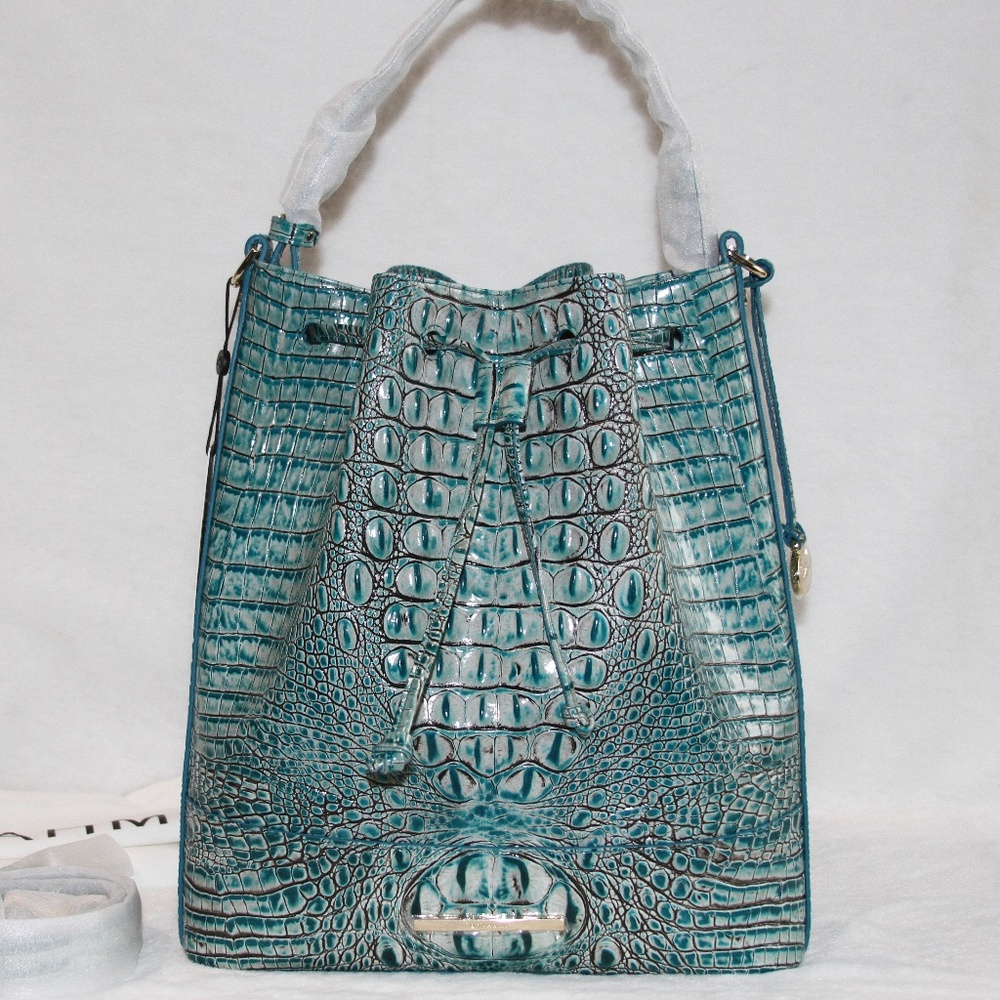 NWT BRAHMIN Marlowe Bucket Bag Drawstring Tote Mineral Blue Melbourne Leather
